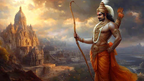 Heroic archer gazing over a golden temple city at dusk.