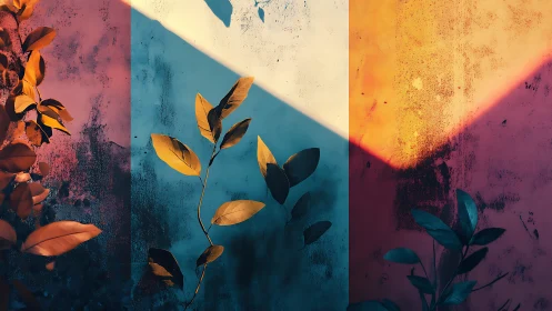 Color-block wall with climbing leaves and angled sunlight.