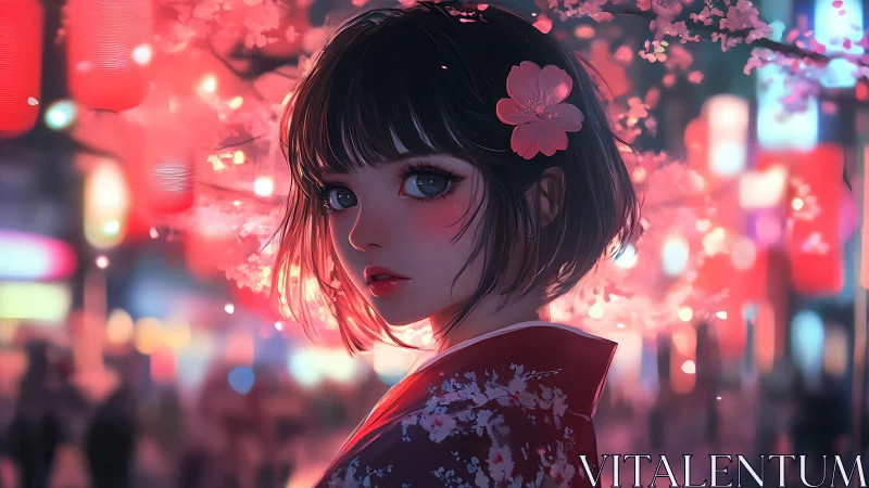 Anime night portrait under lantern-lit sakura bokeh glow.