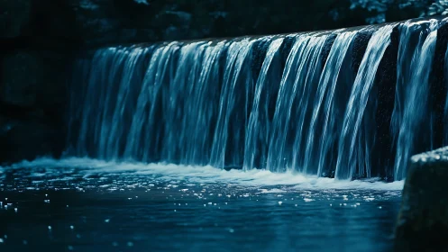 Long-exposure low weir waterfall with cool cyan tonality
