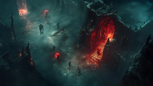 Demonic citadel corridor lit by infernal portal glow.