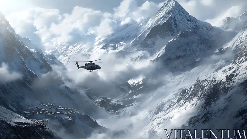 Military helicopter traversing fog-filled glacial alpine valley