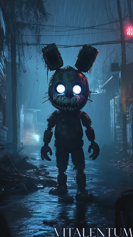 Corroded robot bunny stalks neon alley in cinematic rain.