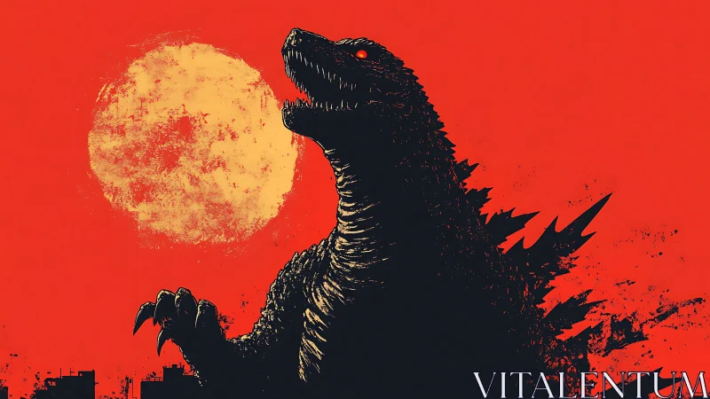 Kaiju silhouette dominates scarlet skyline with grunge moon.