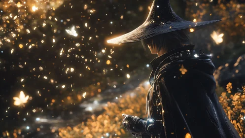 Enigmatic mage in luminous forest rendered as cinematic fantasy