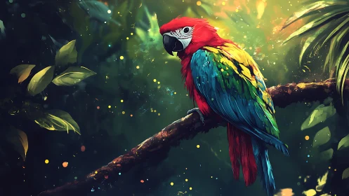 Vibrant Macaw Parrot on Jungle Branch, Digital Art Illustration.