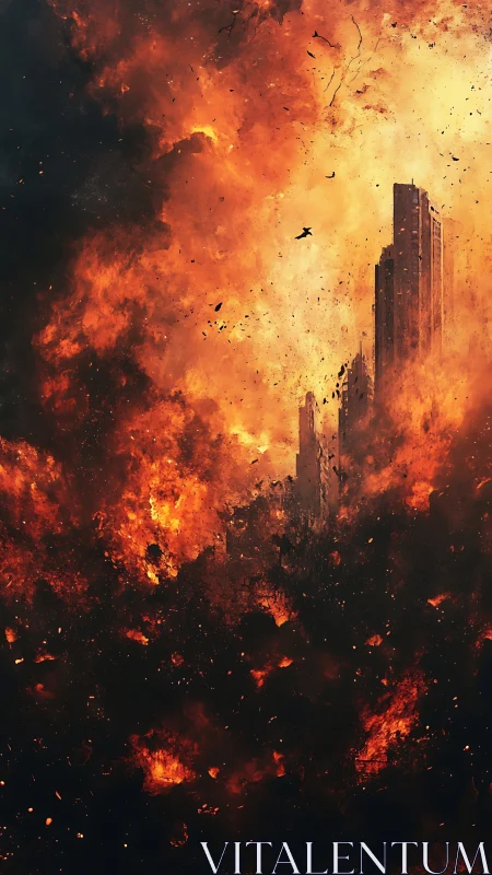 Intense urban inferno consuming high-rise building structures with explosive debris.