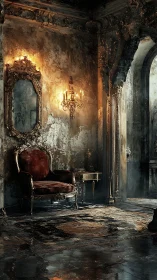 Decayed baroque interior shows corroded gilding and chiaroscuro light