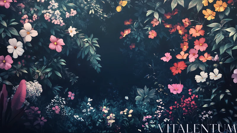 Midnight Garden: Where Colorful Blooms Dance in Twilight.
