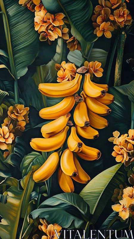 Tropical banana cluster framed by lush teal foliage.
