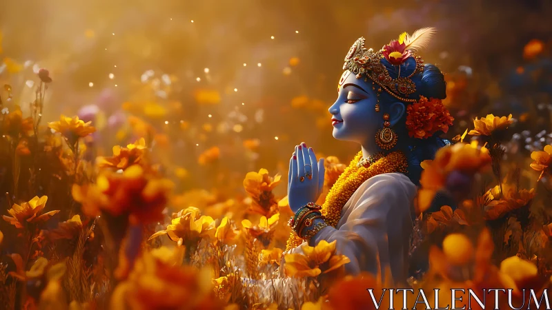 Blue-skinned devotional figure in shallow-depth floral bokeh field