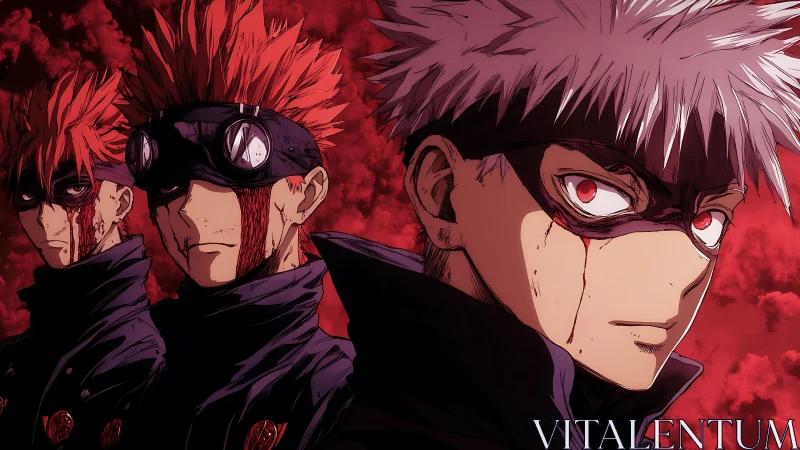 Masked anime warriors stare ahead against blood red sky