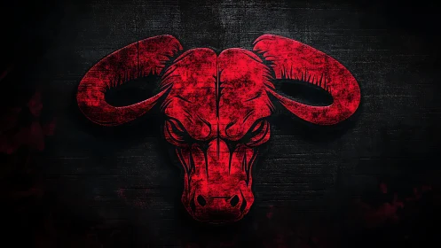 Red grunge bull emblem on dark textured background design.