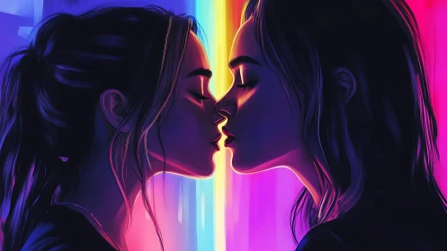 Two mirrored female profiles align against vertical neon light