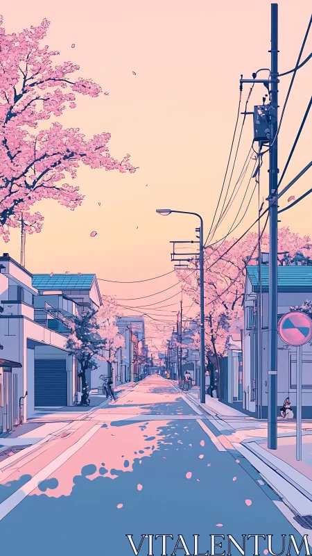 Pastel urban street under cherry blossoms in stylized anime perspective