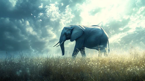 Backlit elephant in atmospheric grassland under volumetric sky.
