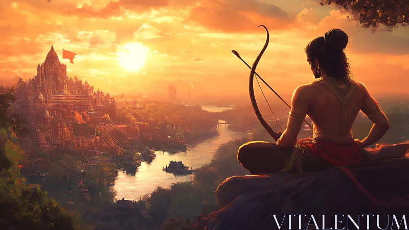 Archer overlooking riverside temple city at sunset.