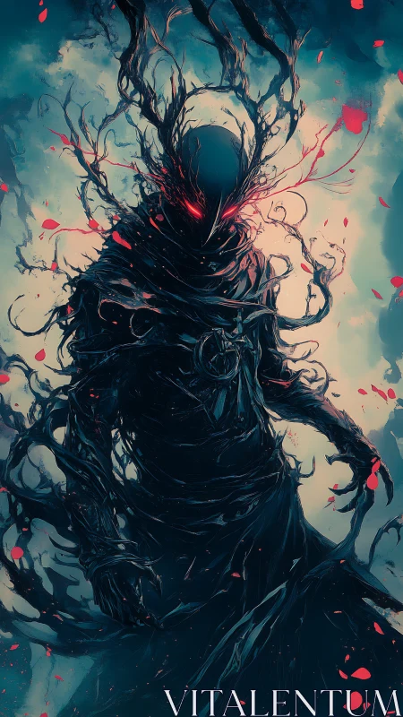 Shadowborn wanderer wrapped in falling ember petals.