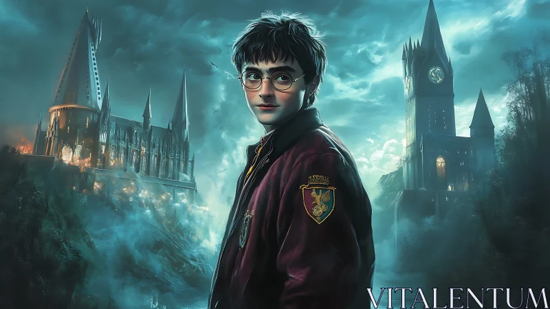 Nocturnal wizard student before twin neo-gothic towers.