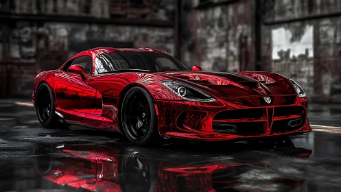 Red sports coupe is rendered in a reflective industrial space