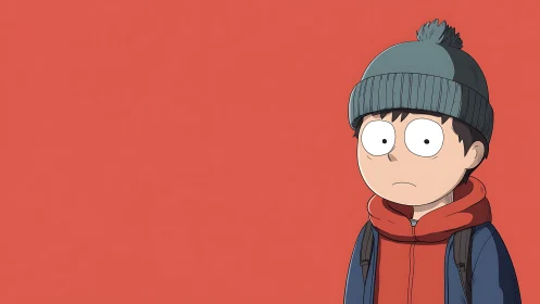 Side-positioned anime boy stands before plain red backdrop