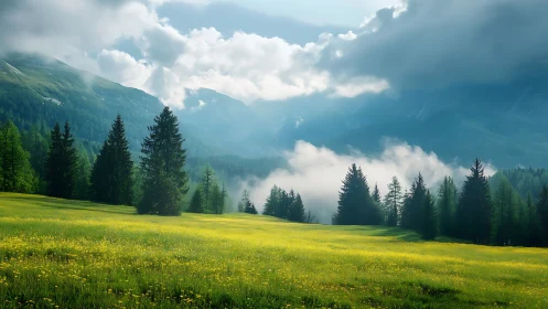 Sunlit alpine meadow under drifting mountain clouds.