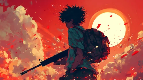 Silhouetted youth with rifle against red sunset sky.