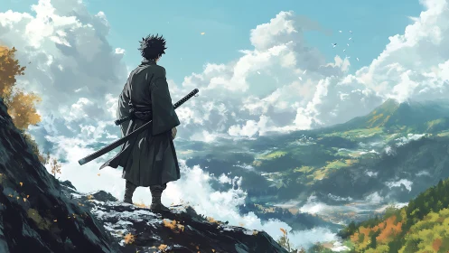 Lone samurai overlooks vast sunlit valley from cliff.