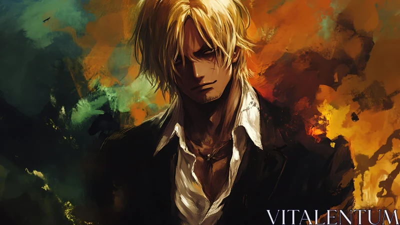 Brooding blond anime man emerges from a fiery abstract haze