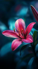 Pink Lily Flower with Water Droplets Against Teal Background