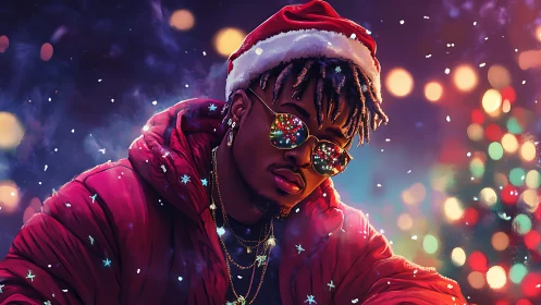 Cool holiday portrait with neon reflections and snowfall.