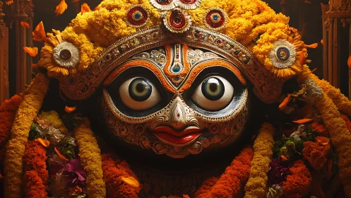 Ornate Jagannath deity mask framed by intense marigold garlands