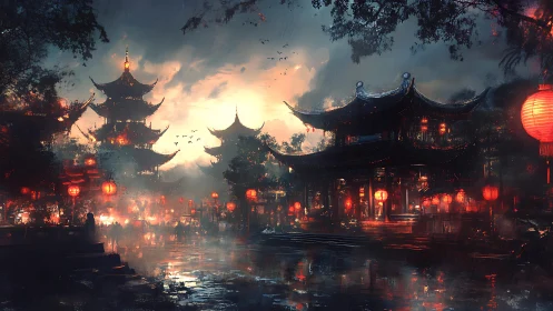 Lantern-lit riverside pagodas under overcast evening sky.