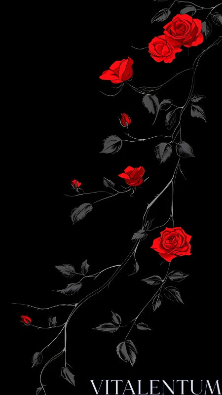 Red Roses with Winding Stemwork Rendered Against Black Background