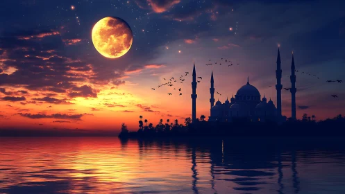 Moonlit mosque silhouette over calm reflective water at dusk.