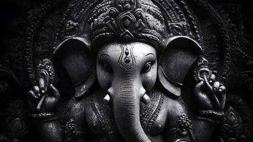 Silver-toned elephant deity gazes calmly through sculpted shadows