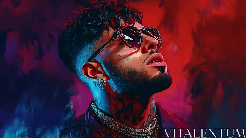 Digital painting portrait with neon bicolor atmospheric background.