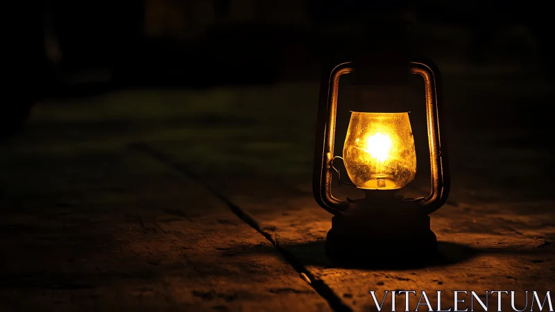 Single kerosene lantern casts localized warm illumination on floor