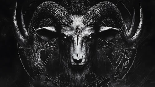 Runed ram gazes through shadow, crowned by occult geometry