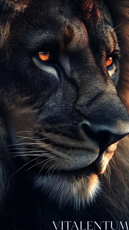 Warm amber-eyed lion in thoughtful close-up portrait.