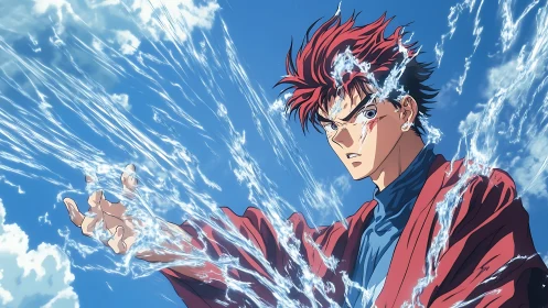 Red haired anime figure directing water streams in sky.