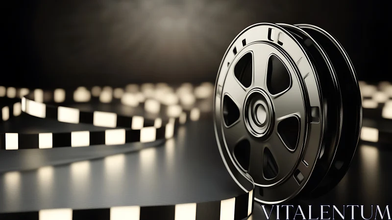 Metal film reel with glowing strip on dark reflective surface.