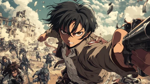 Dynamic anime soldier charge in ruined urban battlefield perspective