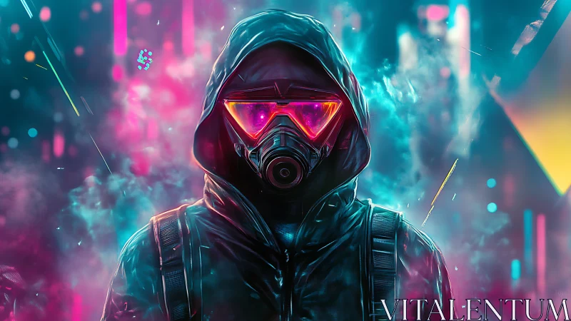 Neon hooded sentinel under glitchy cyberpunk skylines.