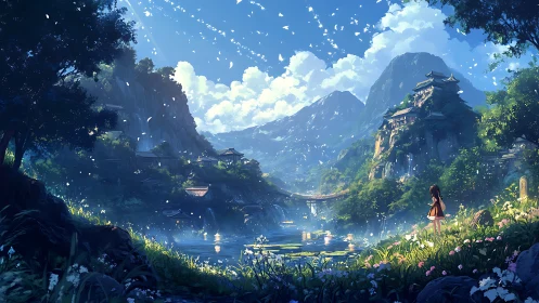 Sunlit mountain valley with lakeside village in anime style