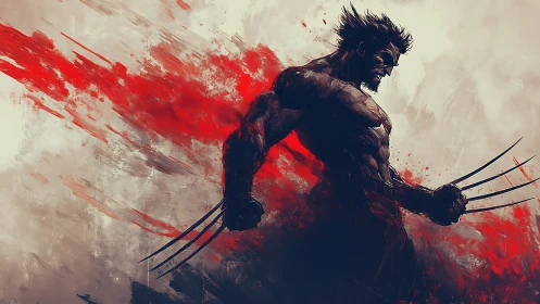 Silhouetted clawed warrior strides through red kinetic strokes