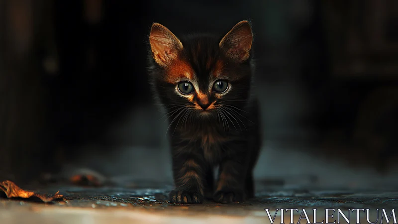 Black kitten with warm amber eyes and distinctive markings.