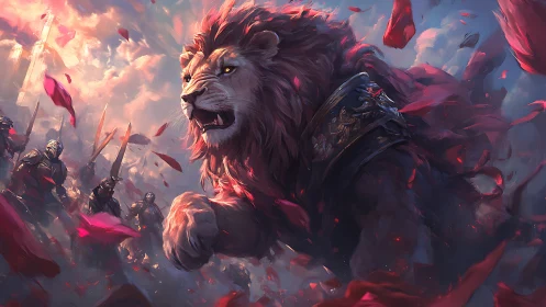 Lion-hearted charge through a storm of crimson petals.