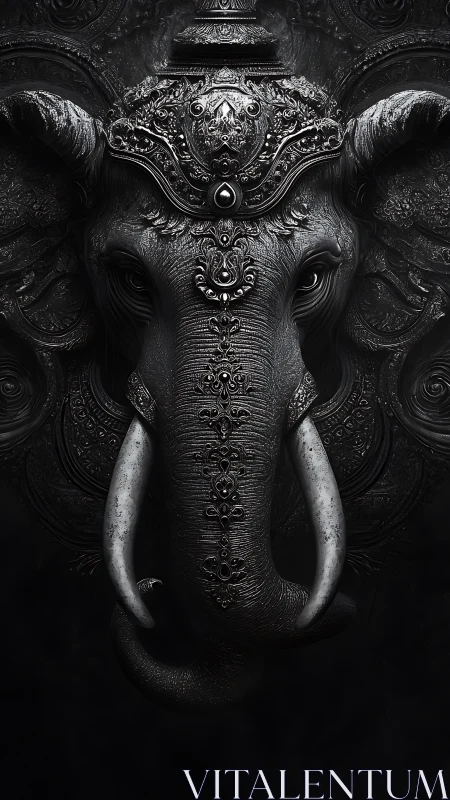 Ornate obsidian elephant mask crowned in sacred shadow.