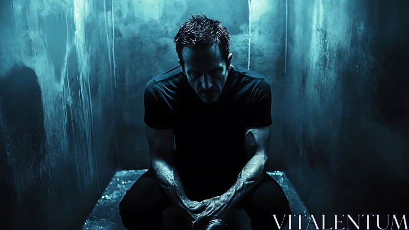 Man crouched in narrow blue cell under harsh moody light.